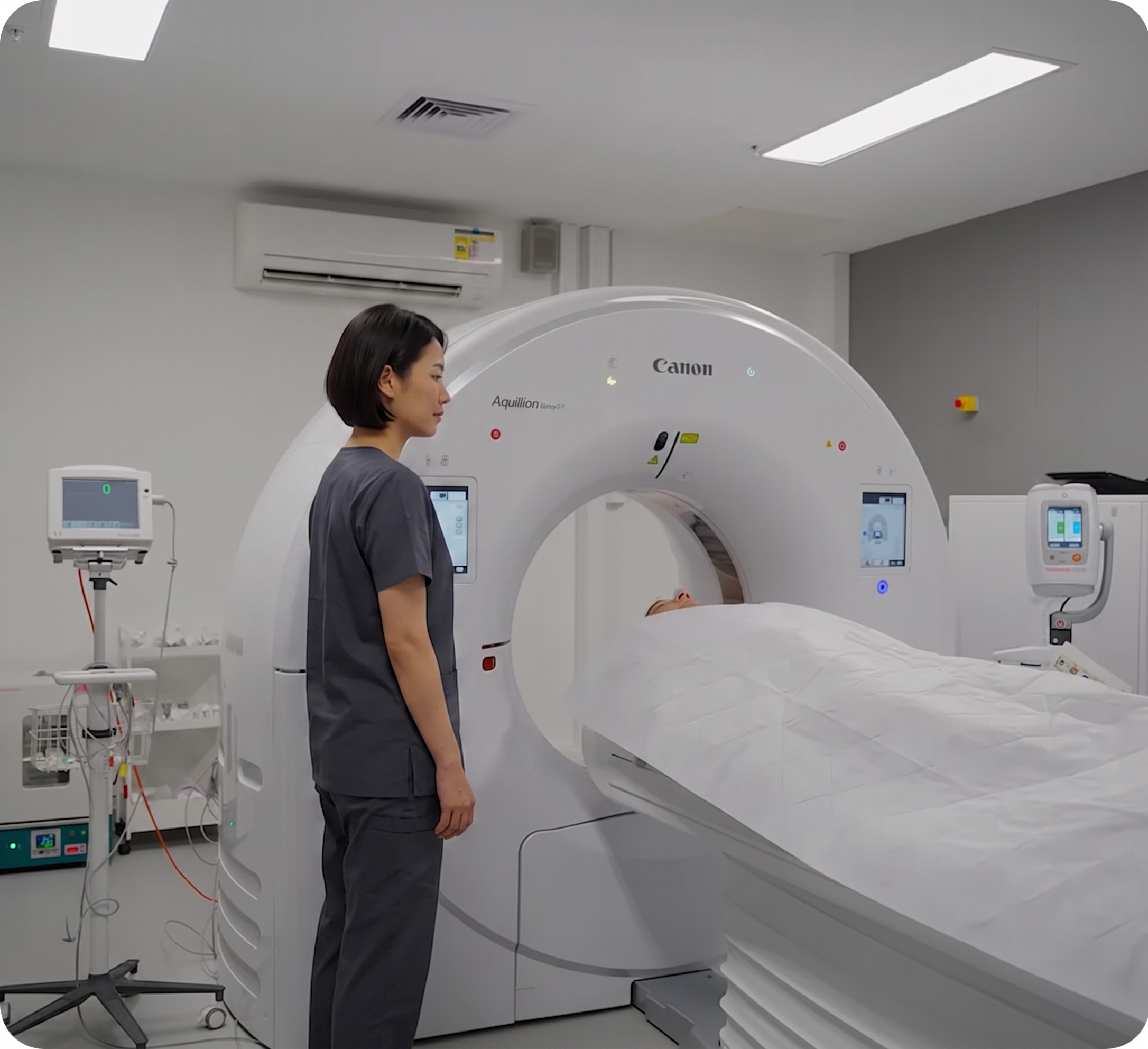 Medical staff member stands beside a large Canon Aquilion CT scanner with a patient on the bed ready for imaging